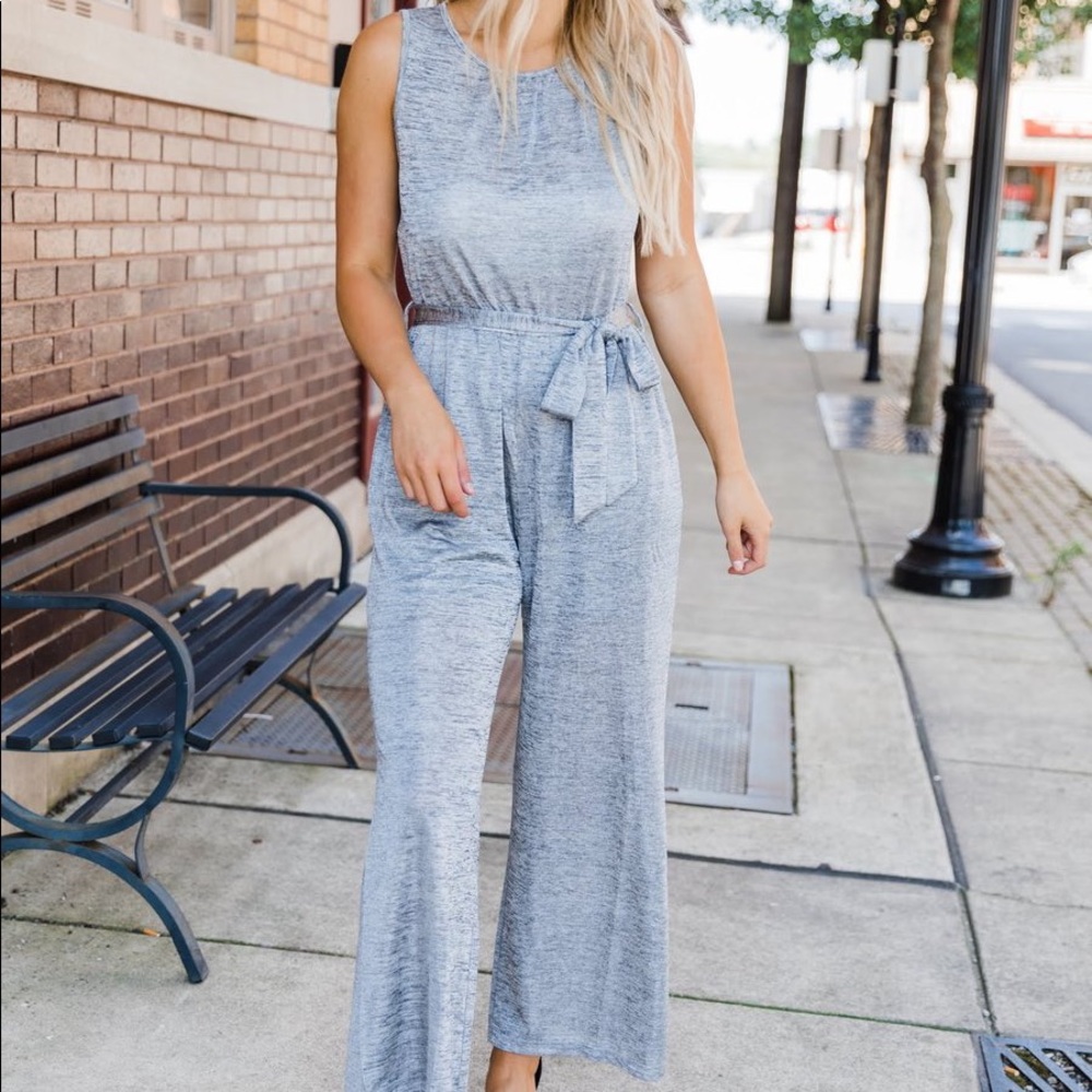 Silver two tone tie waist jumpsuit